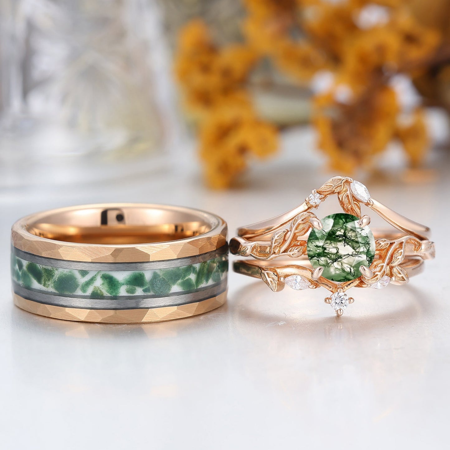 Unique Round Cut Moss Agate Leaf Couples Ring Set 4pcs Moss Agate Band For Men And Women