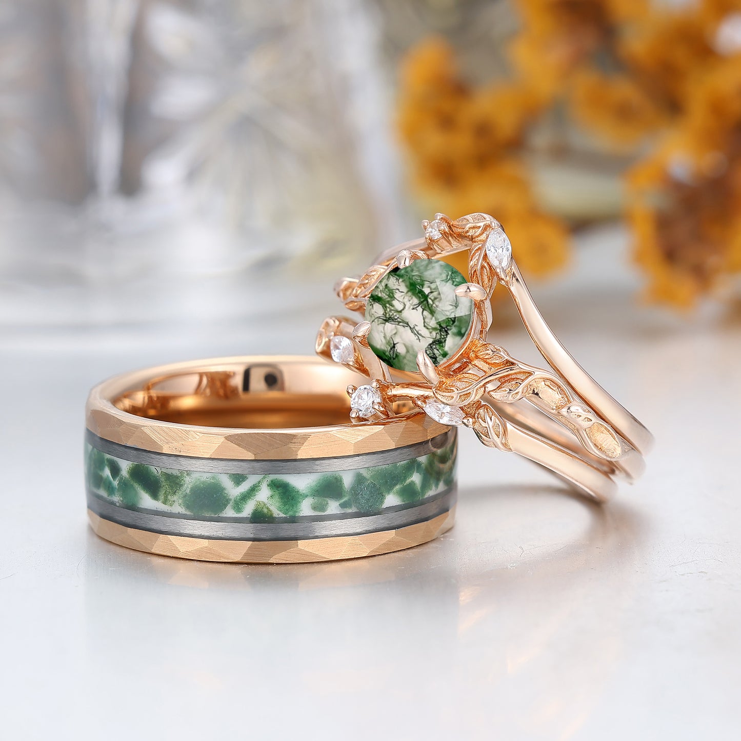 Unique Round Cut Moss Agate Leaf Couples Ring Set 4pcs Moss Agate Band For Men And Women