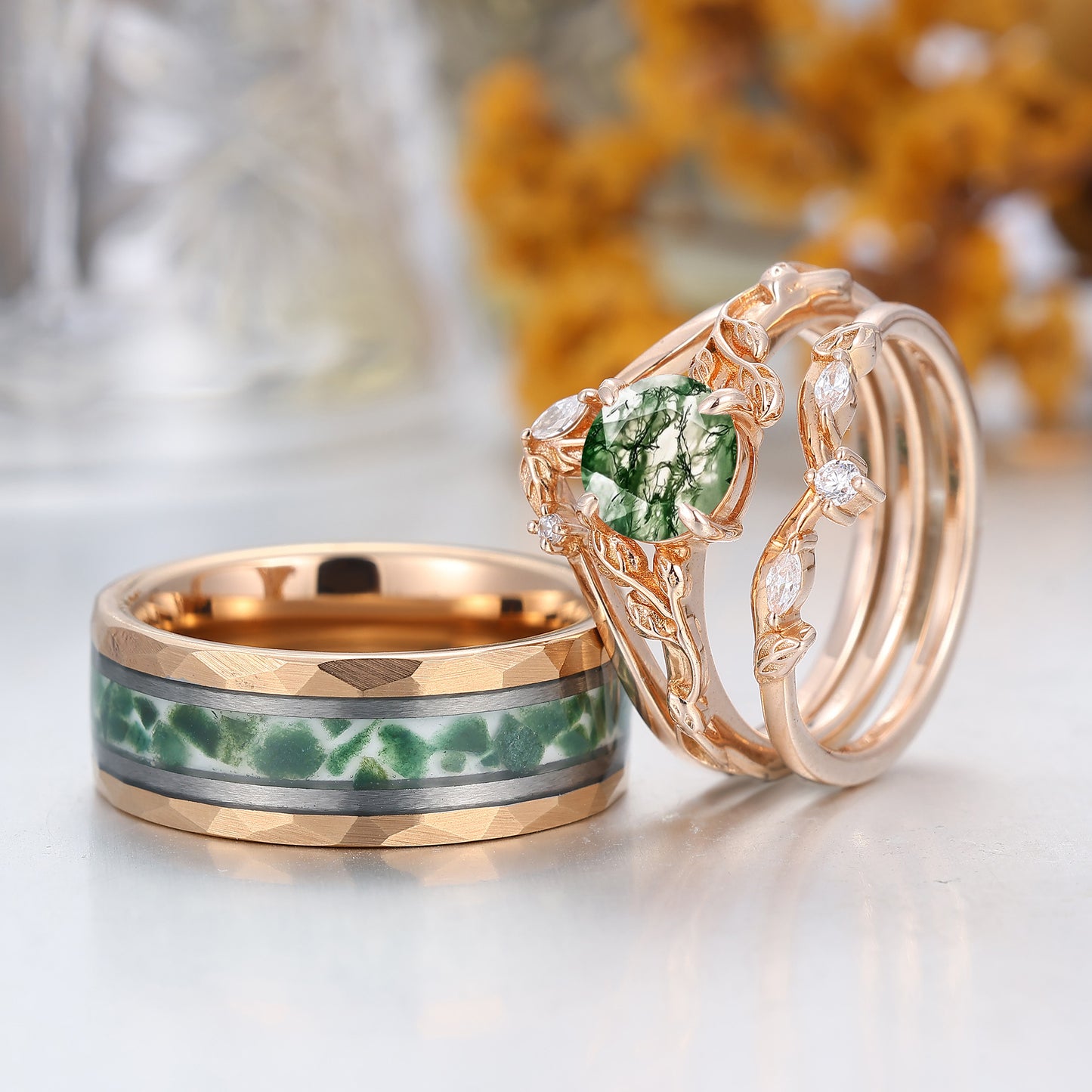 Unique Round Cut Moss Agate Leaf Couples Ring Set 4pcs Moss Agate Band For Men And Women