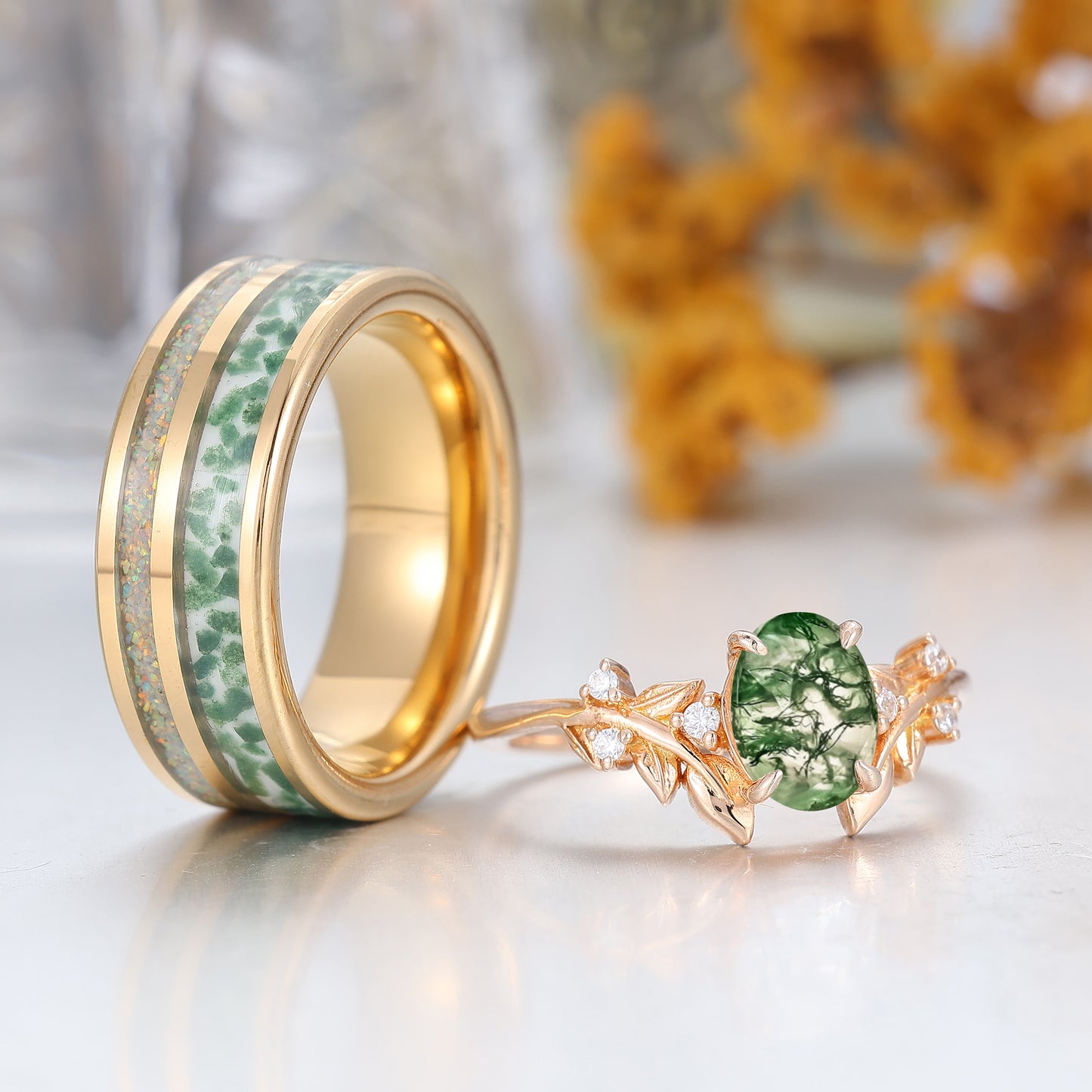 Natural Moss Agate Engraved Leaf Twig Couple Ring Unique Matching Rings Set For Couples