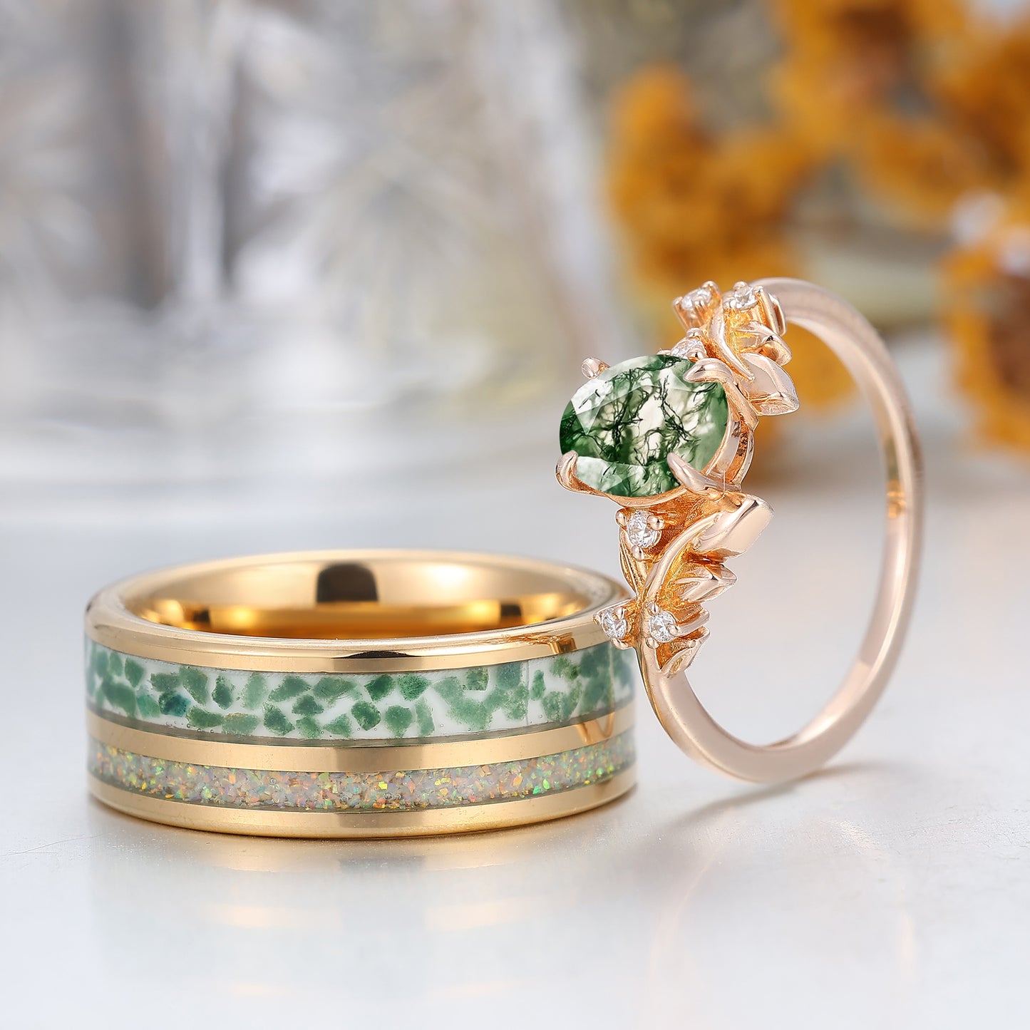 Natural Moss Agate Engraved Leaf Twig Couple Ring Unique Matching Rings Set For Couples
