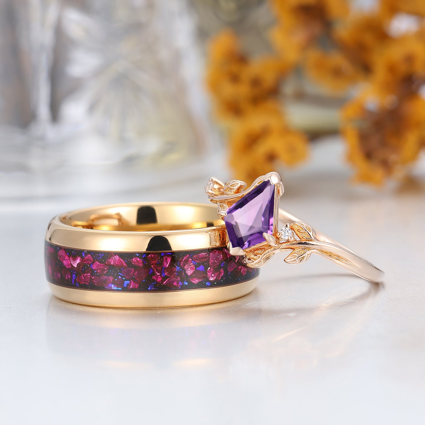 Vintage Kite Cut Amethyst Nature Inspired His And Hers Ring Purple Amethyst Couples Ring