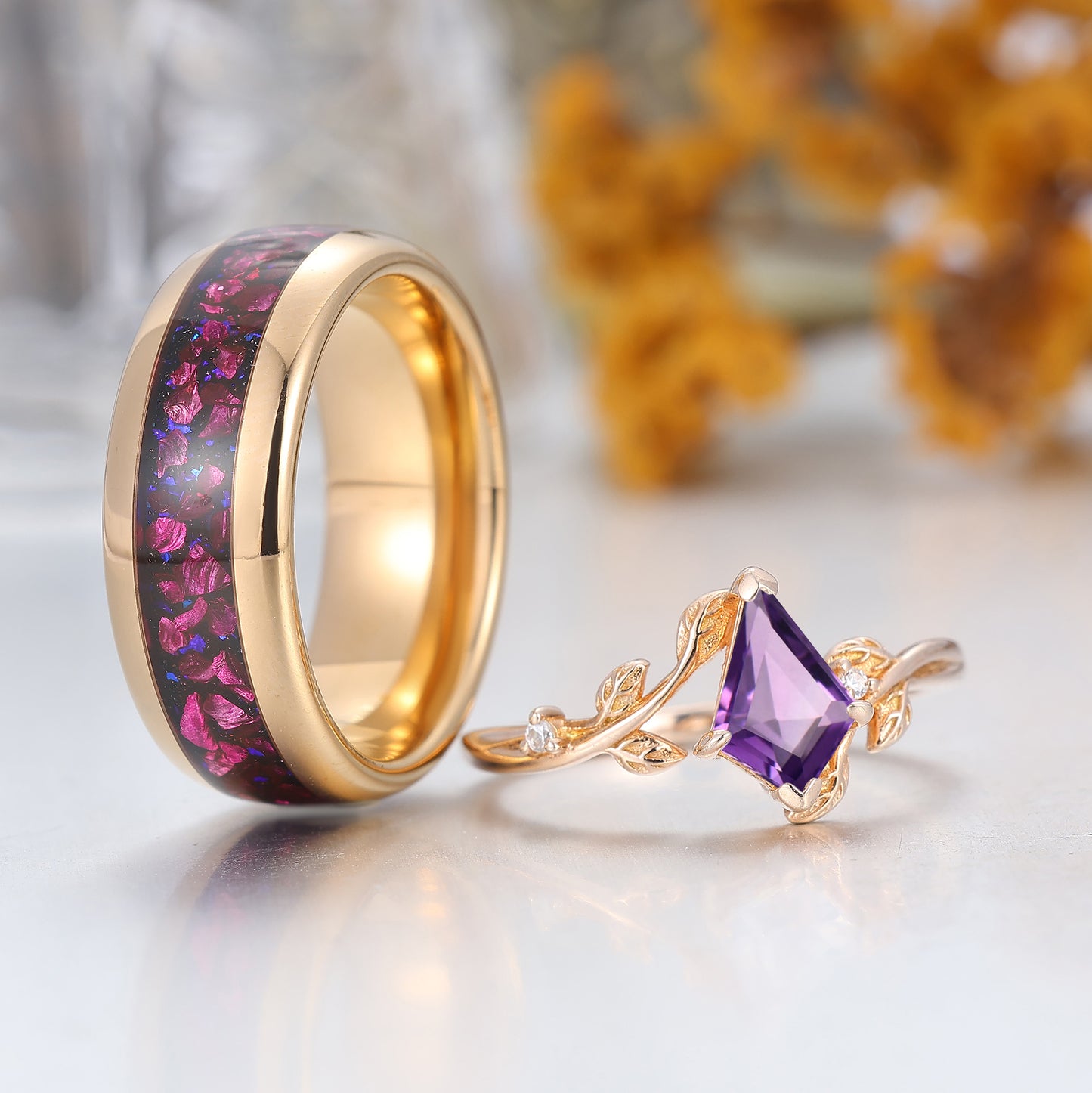 Vintage Kite Cut Amethyst Nature Inspired His And Hers Ring Purple Amethyst Couples Ring