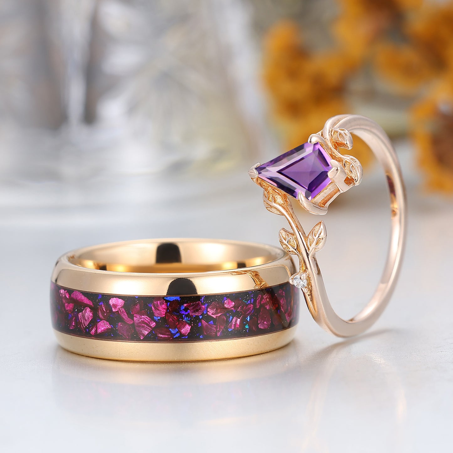 Vintage Kite Cut Amethyst Nature Inspired His And Hers Ring Purple Amethyst Couples Ring