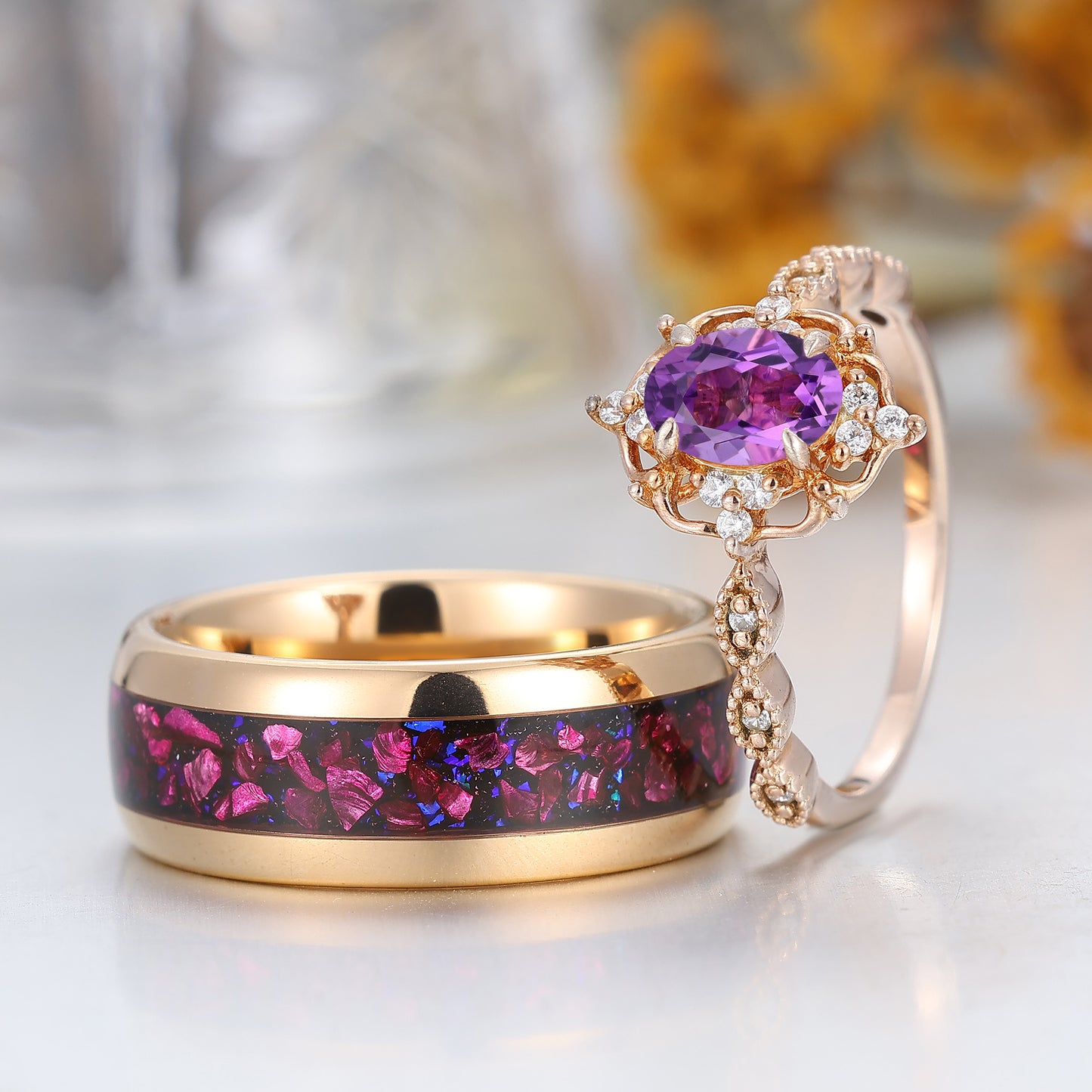 Retro Oval Natural Amethyst Filigreed Couple Ring Set Purple Amethyst Tungsten His And Hers Rings