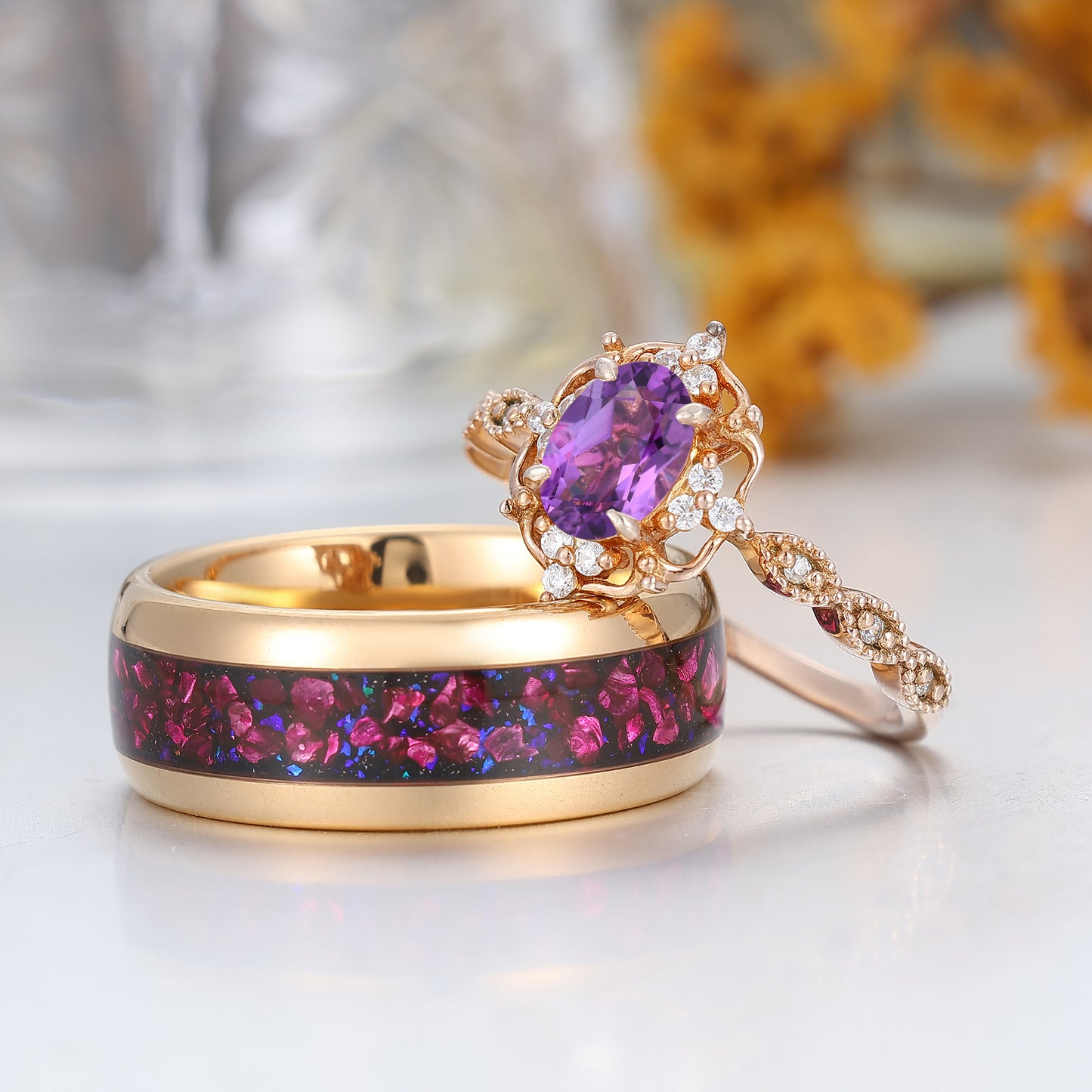 Retro Oval Natural Amethyst Filigreed Couple Ring Set Purple Amethyst Tungsten His And Hers Rings