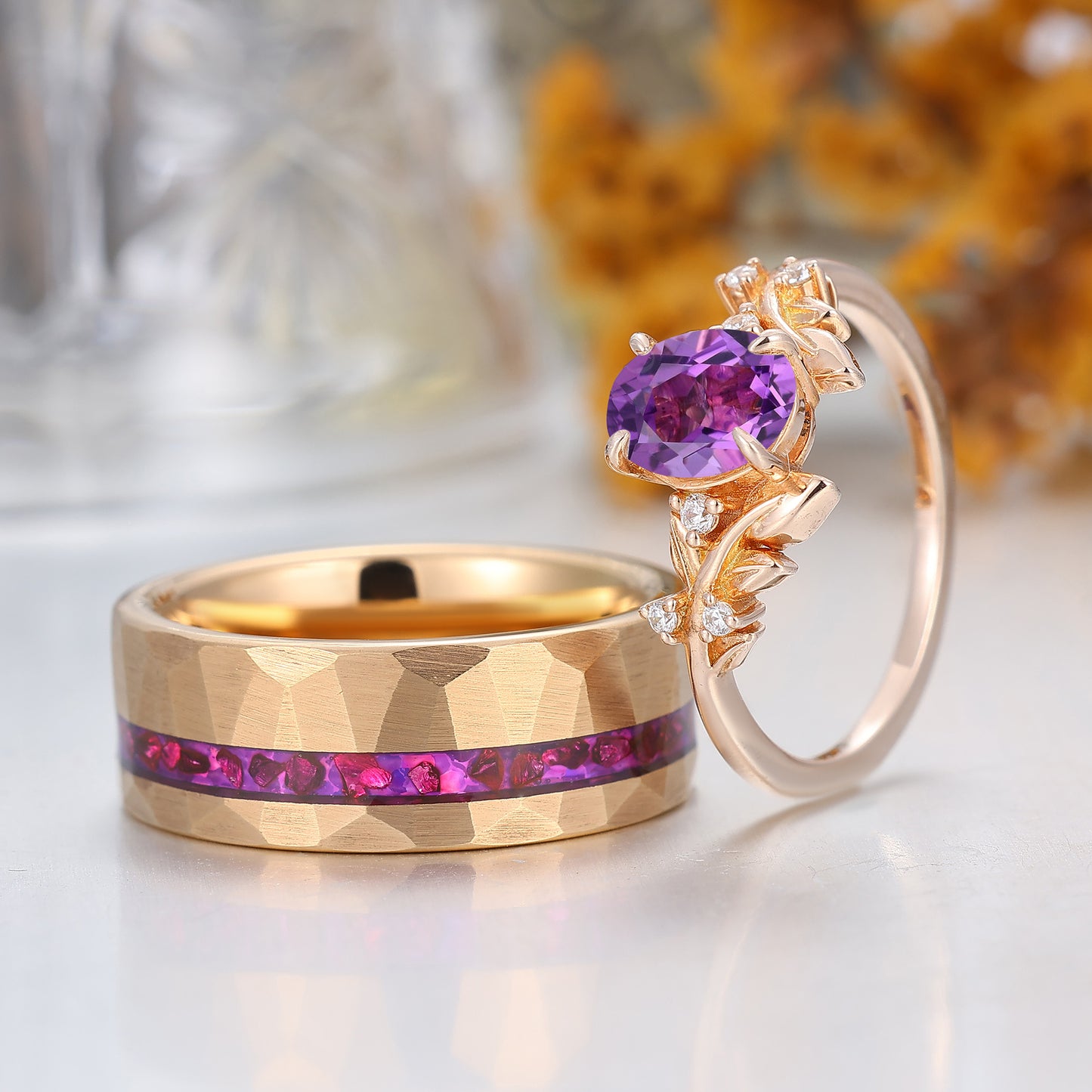Natural Purple Amethyst Twig Leaf Inspired Couples Ring Set Amethyst Rings For Him And Her