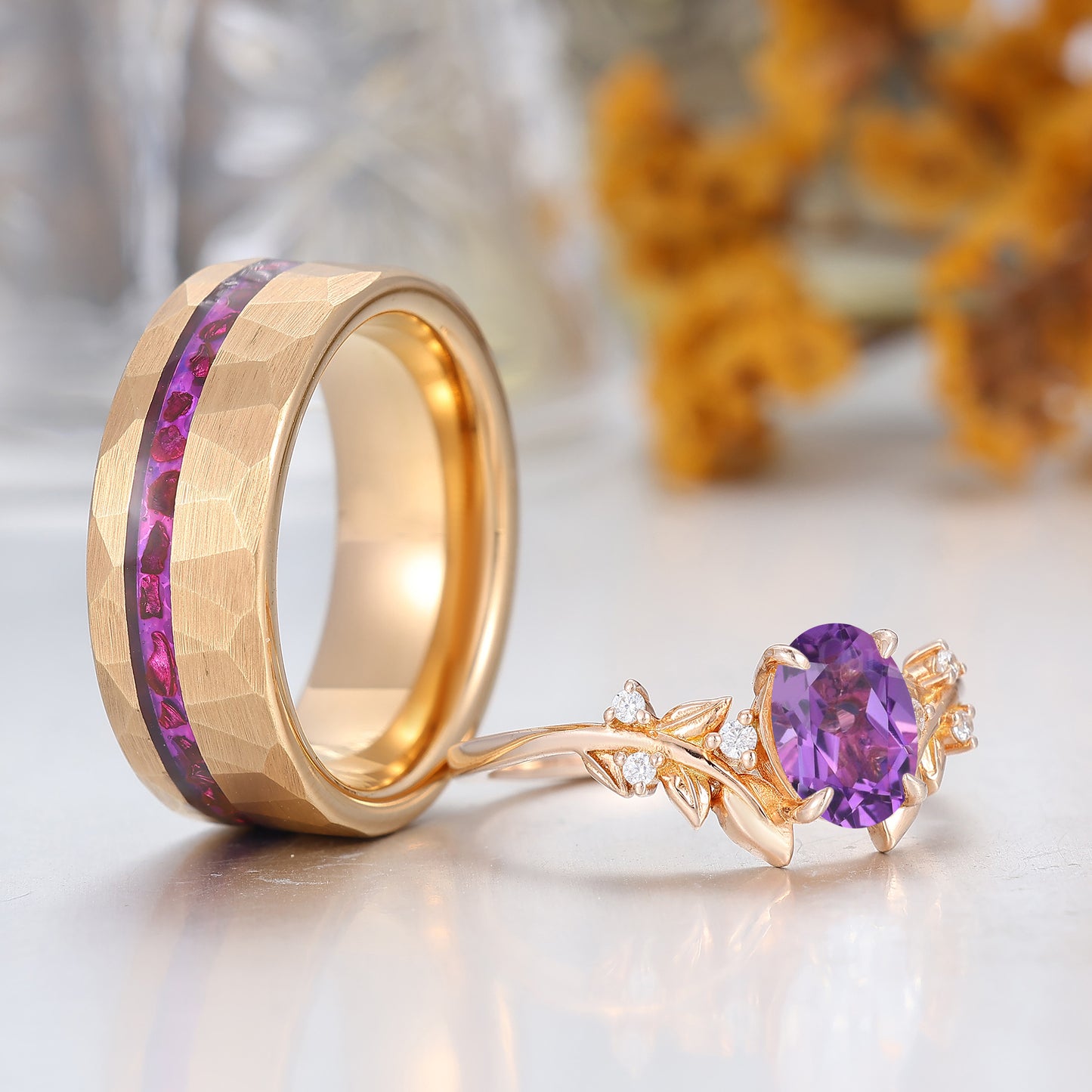 Natural Purple Amethyst Twig Leaf Inspired Couples Ring Set Amethyst Rings For Him And Her