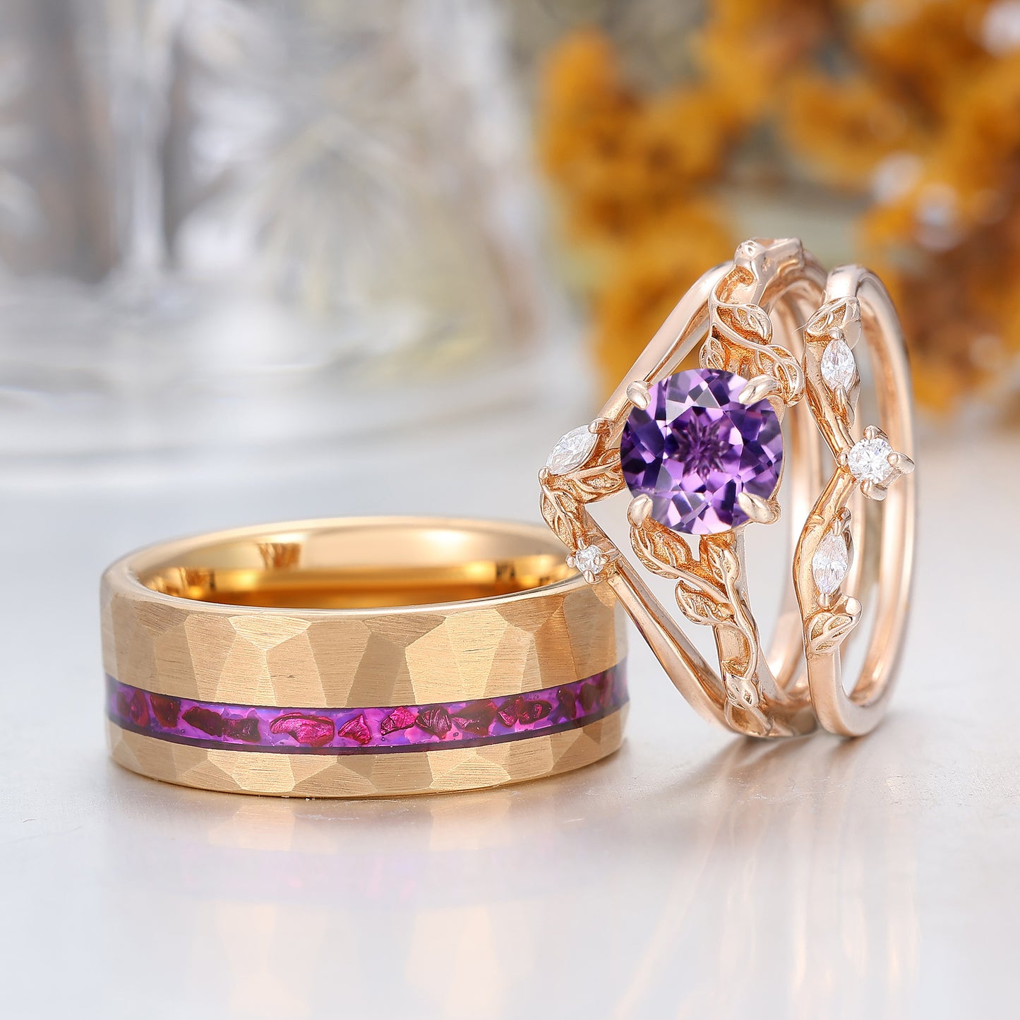 Vine Leaf Design Natural Purple Amethyst Couples Ring S925 And Tungsten His And Hers Rings