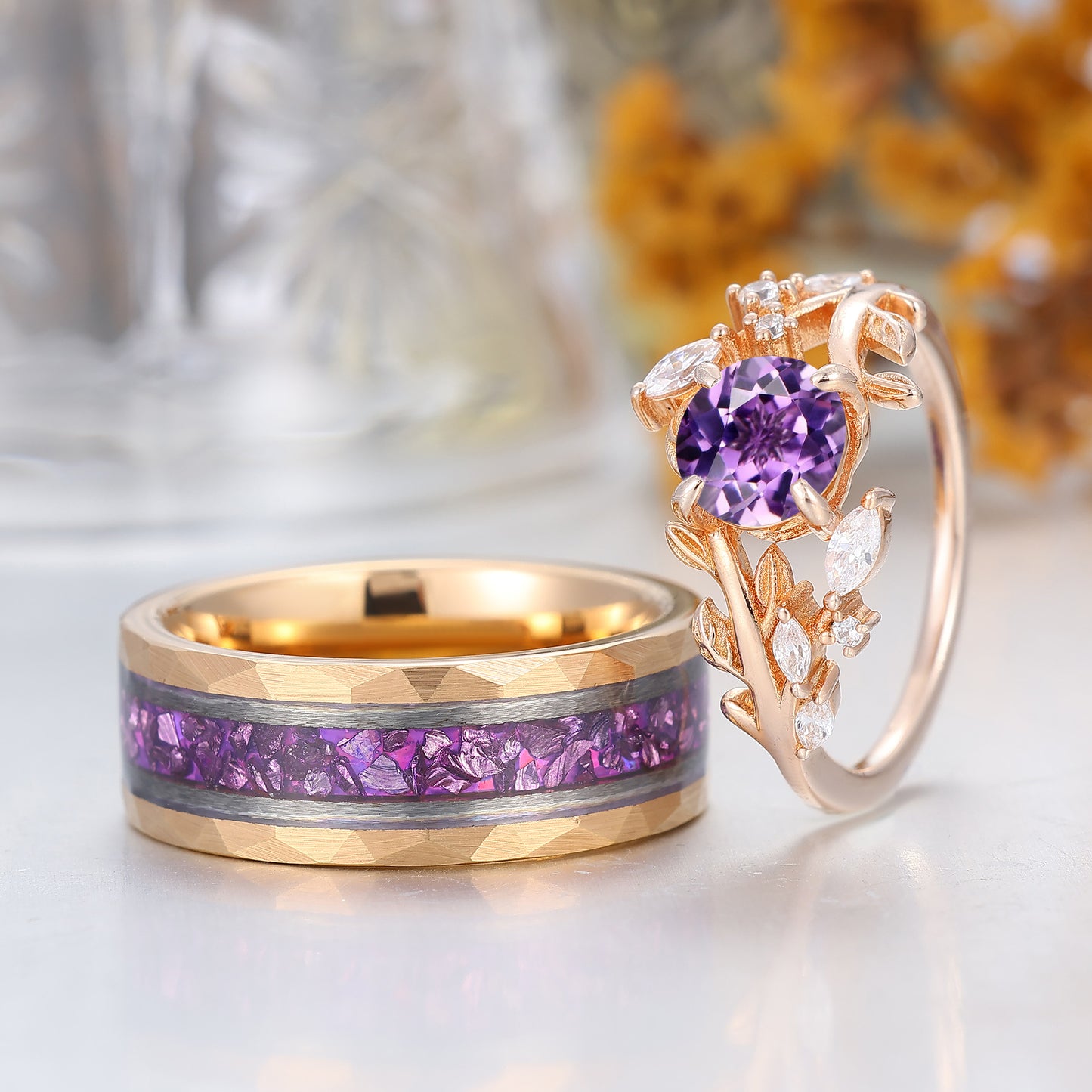Artsy Purple Amethyst Leaf Floral Couples Ring Set Nature Inspired Matching Rings For Women And Men