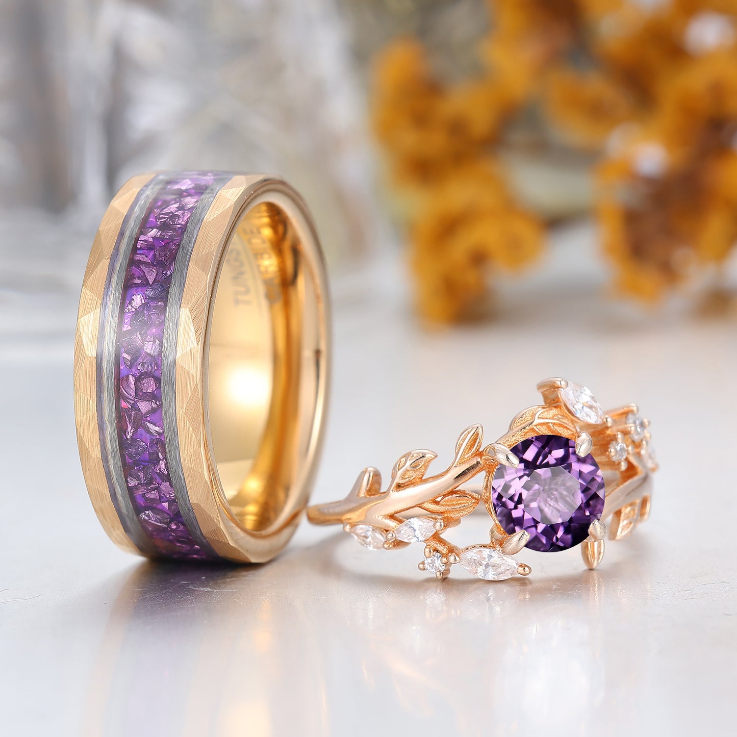Artsy Purple Amethyst Leaf Floral Couples Ring Set Nature Inspired Matching Rings For Women And Men