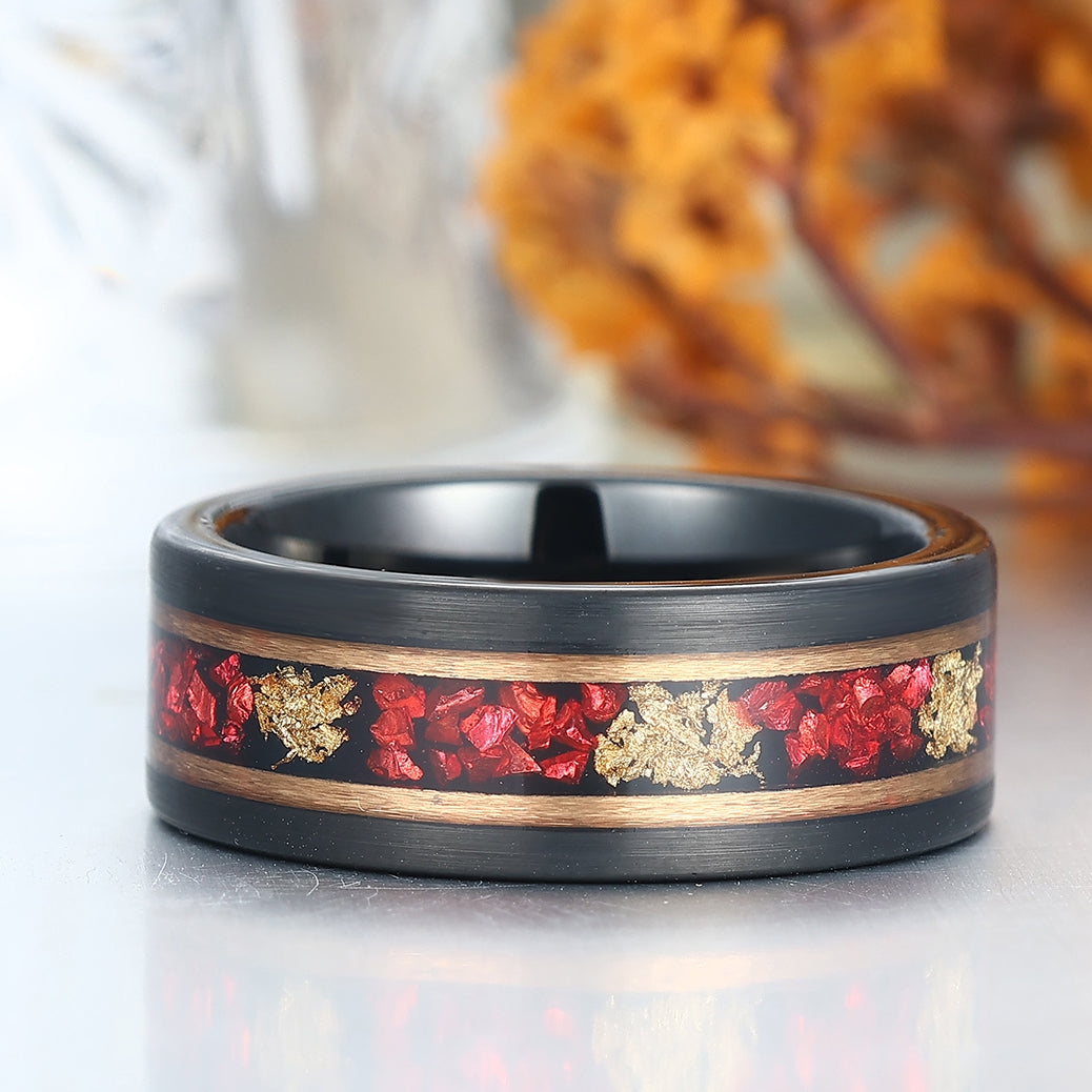 Black Plated Ruby Gold Foils Inlay Tungsten Wedding Band Unisex Birthday Ring