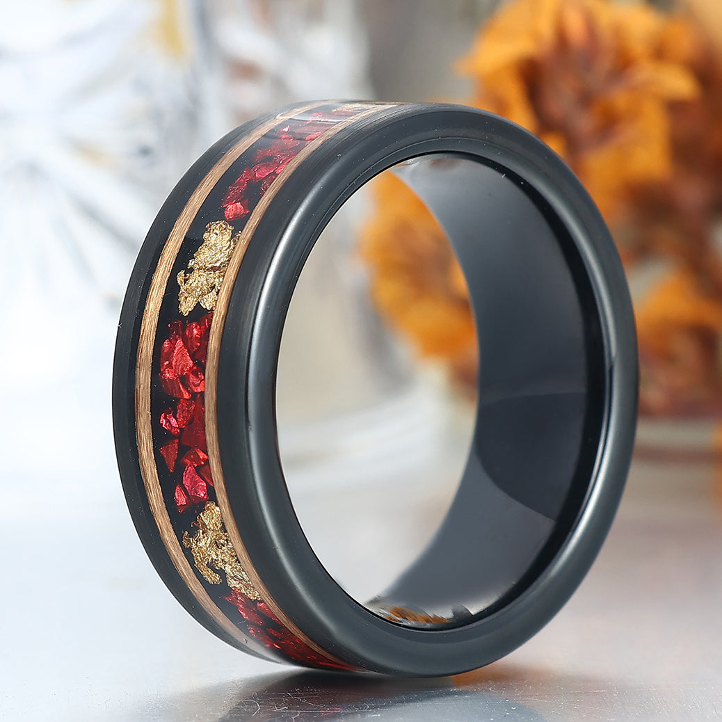 Black Plated Ruby Gold Foils Inlay Tungsten Wedding Band Unisex Birthday Ring
