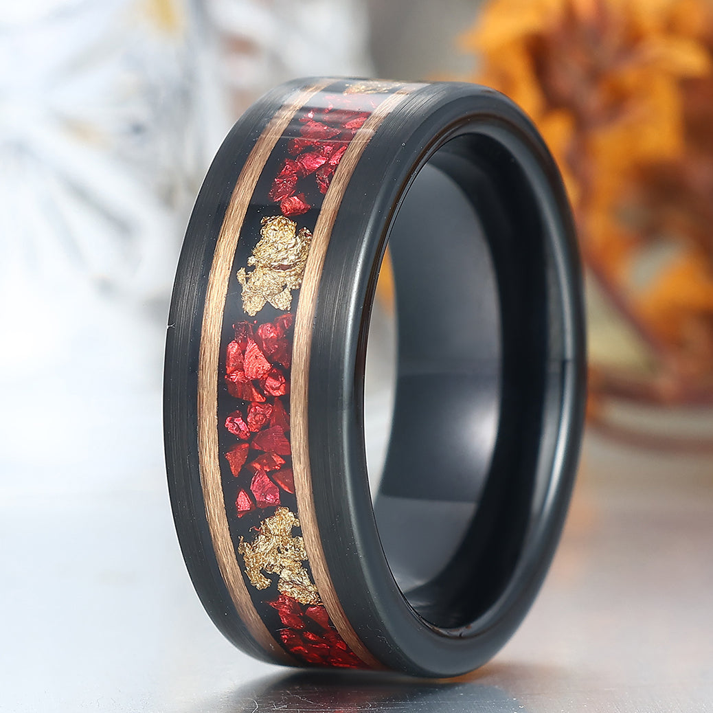 Black Plated Ruby Gold Foils Inlay Tungsten Wedding Band Unisex Birthday Ring