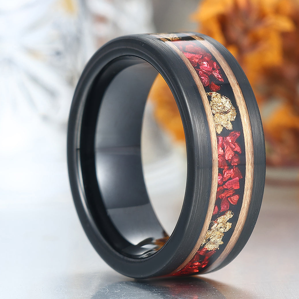 Black Plated Ruby Gold Foils Inlay Tungsten Wedding Band Unisex Birthday Ring