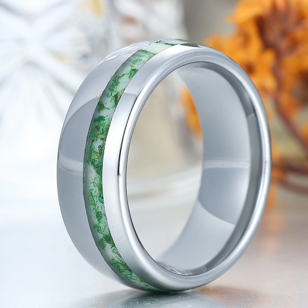 8mm Polished Dome Natural Moss Agate Tungsten Men's Ring Silver Anniversary Ring