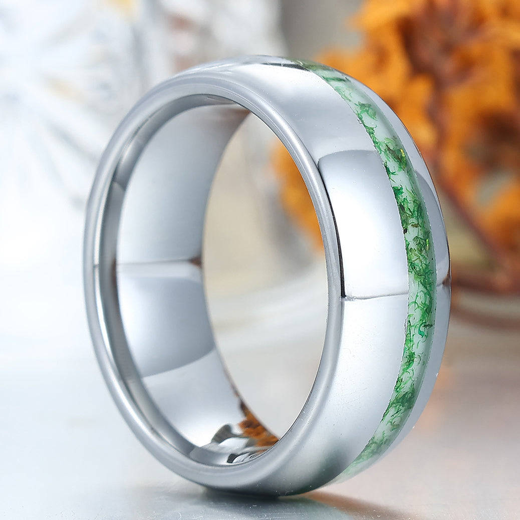 8mm Polished Dome Natural Moss Agate Tungsten Men's Ring Silver Anniversary Ring