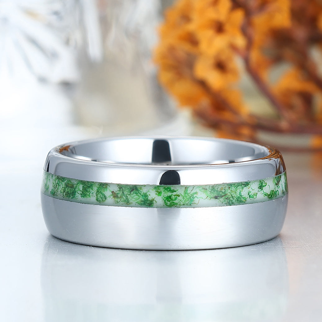 8mm Polished Dome Natural Moss Agate Tungsten Men's Ring Silver Anniversary Ring