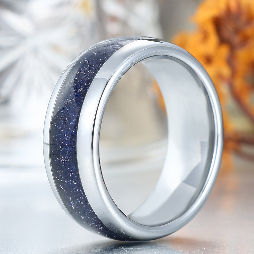 Minimalist Blue Sandstone Men's Tungsten Band Polished Dome Birthday Ring