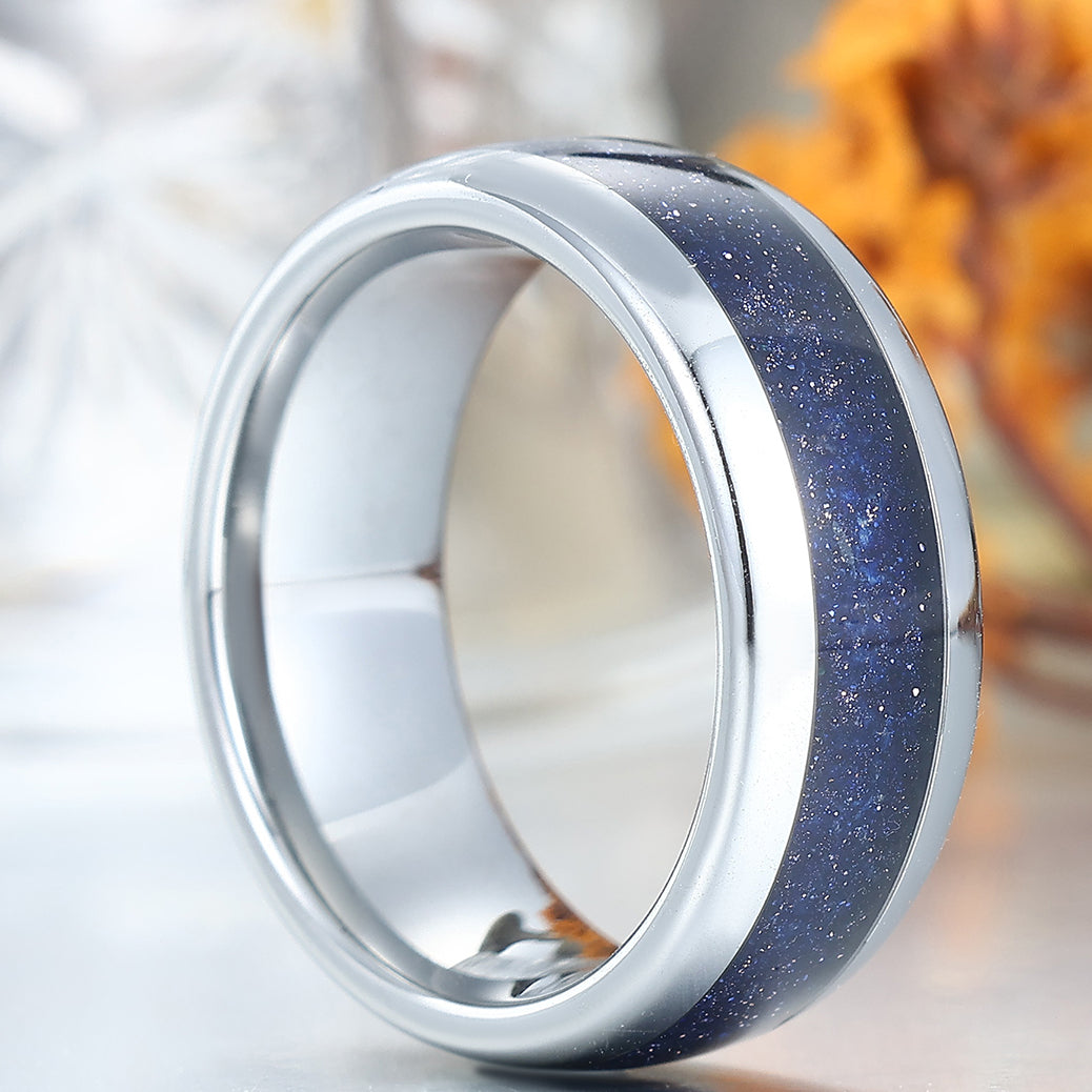 Minimalist Blue Sandstone Men's Tungsten Band Polished Dome Birthday Ring
