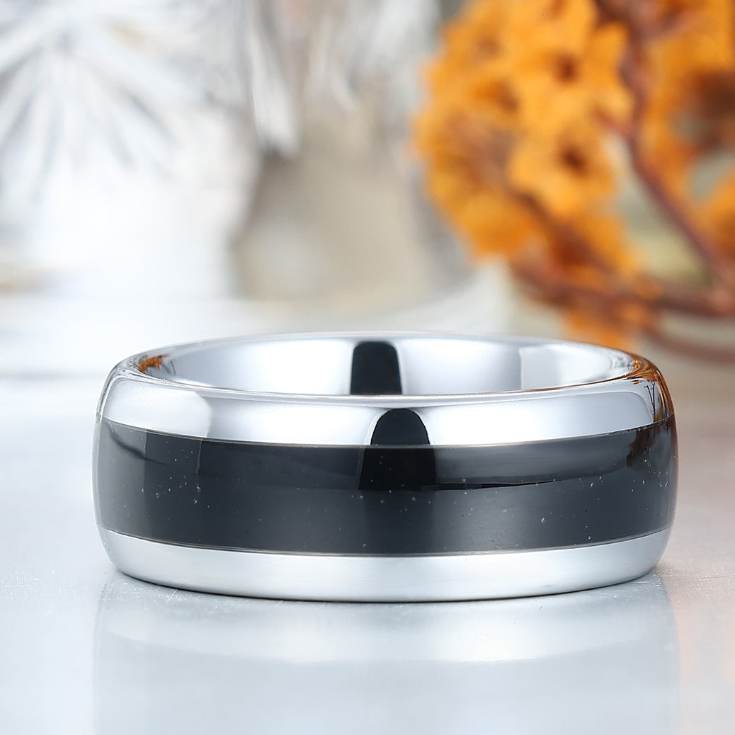 Minimalist Black Onyx Inlay Tungsten Ring Silver Plated Promise Anniversary Wedding Band