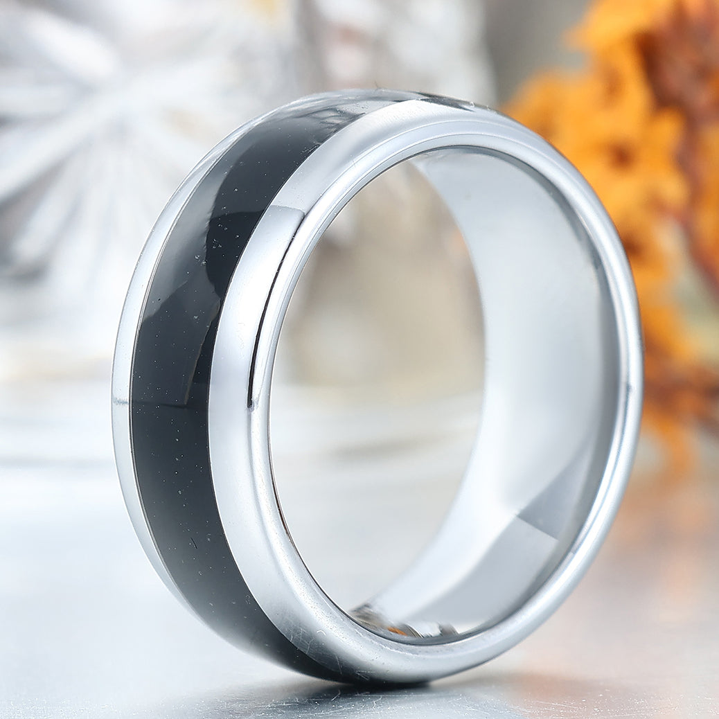 Minimalist Black Onyx Inlay Tungsten Ring Silver Plated Promise Anniversary Wedding Band