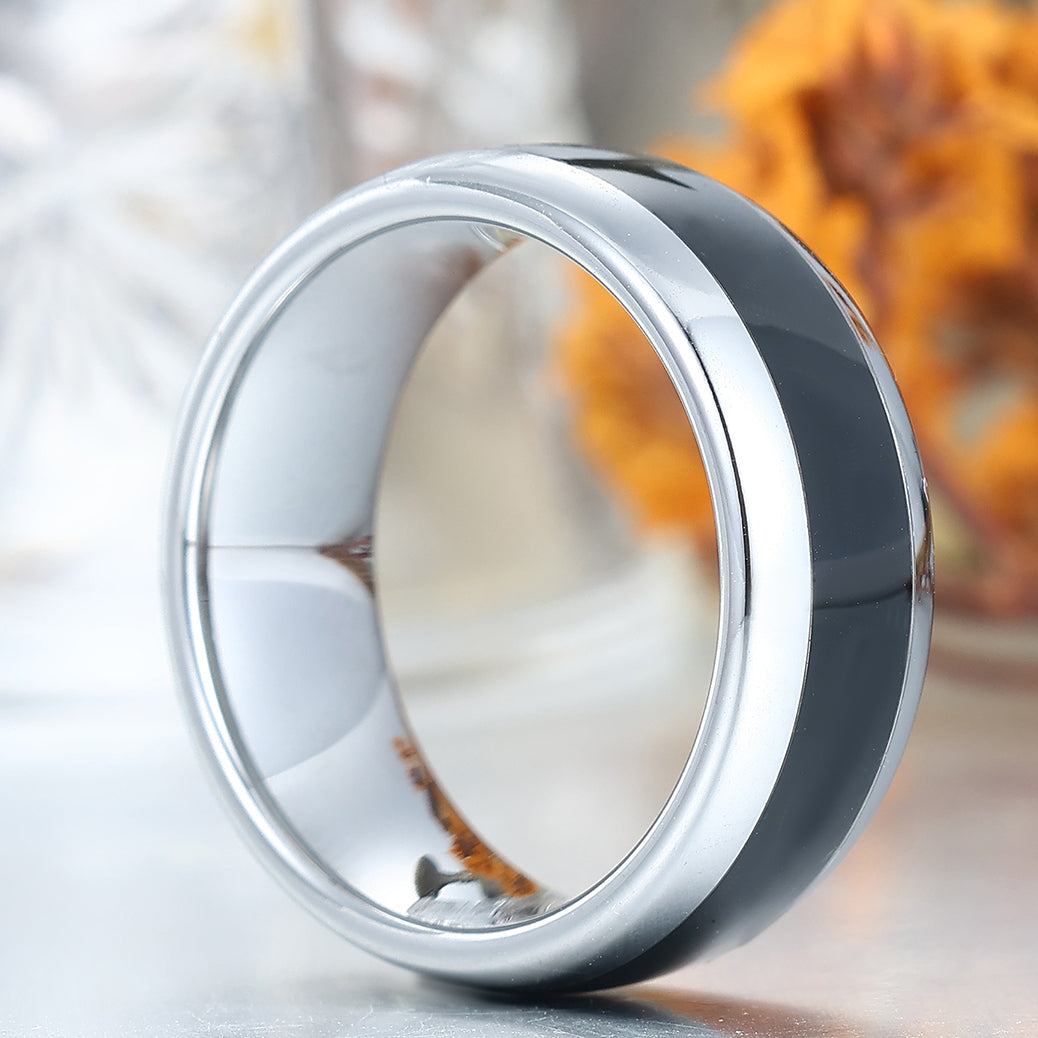 Minimalist Black Onyx Inlay Tungsten Ring Silver Plated Promise Anniversary Wedding Band