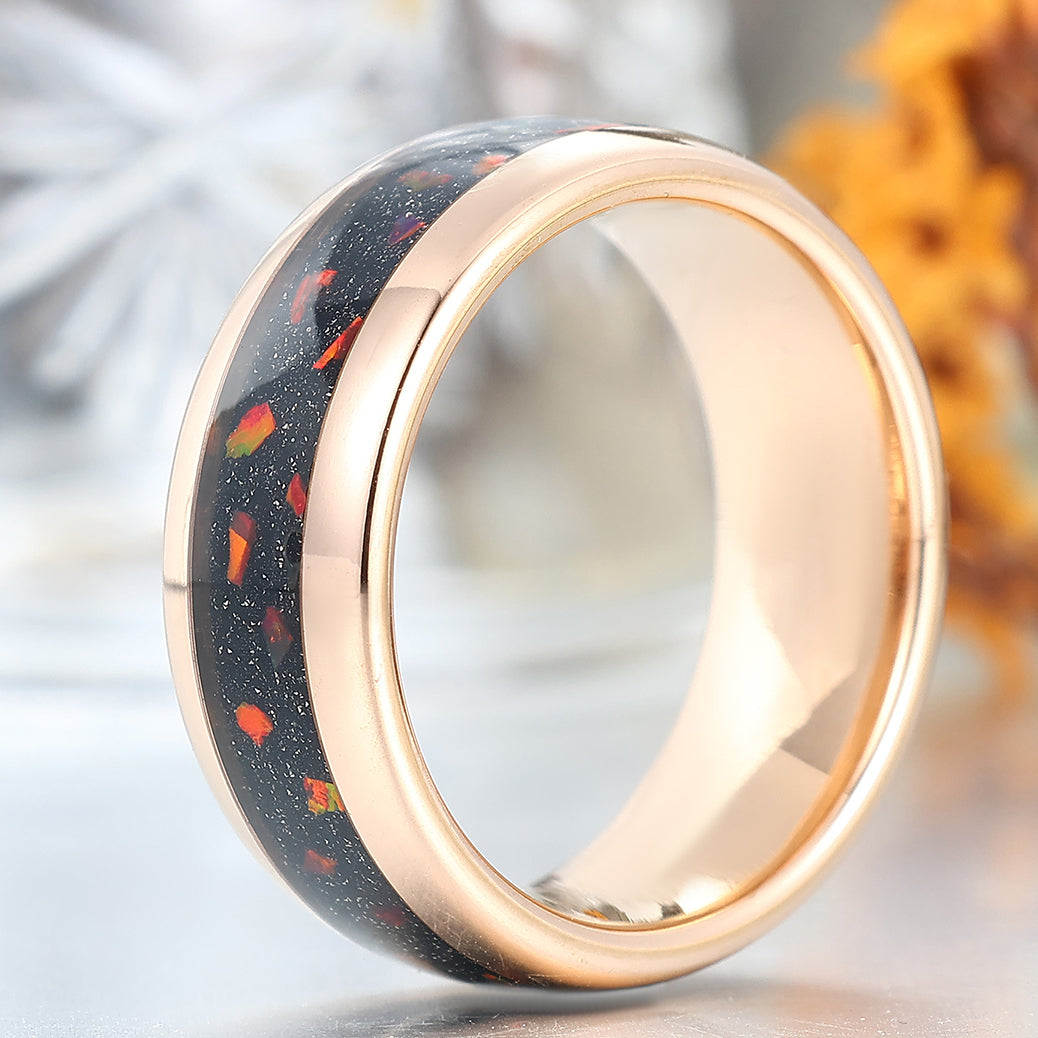 Stylish Fiery Opal Blue Sandstone Rose Gold Tungsten Promise Ring For Women And Men