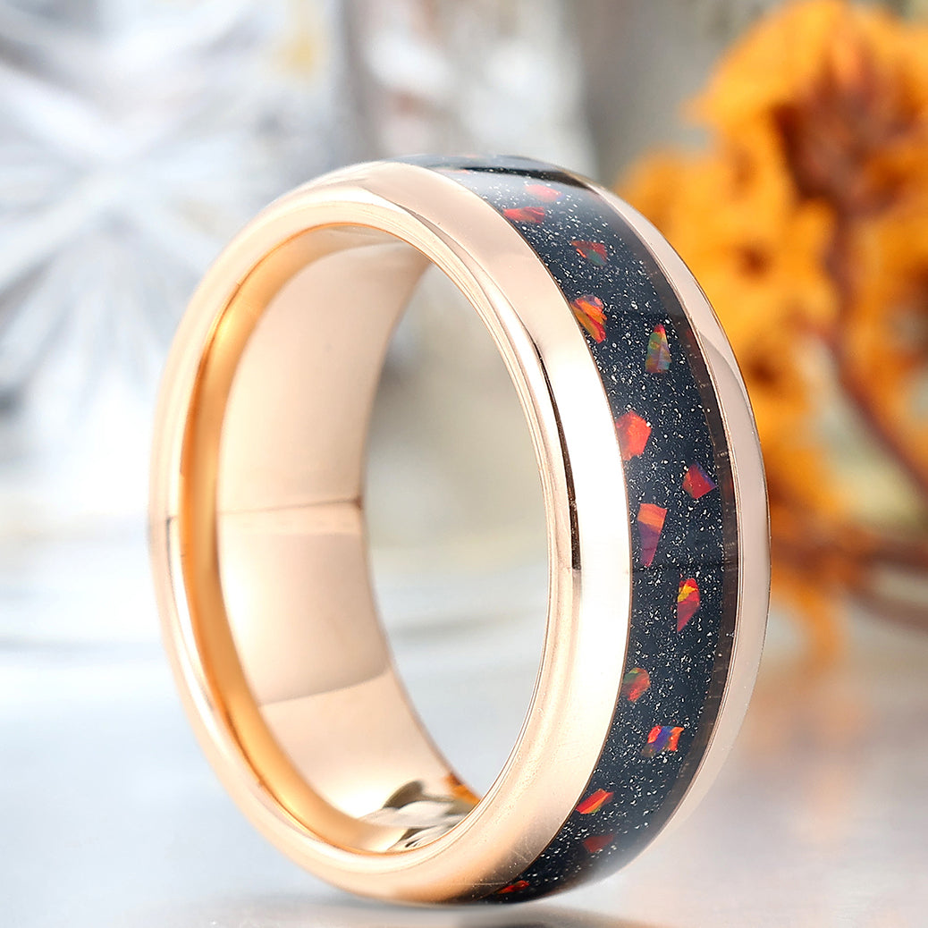 Stylish Fiery Opal Blue Sandstone Rose Gold Tungsten Promise Ring For Women And Men