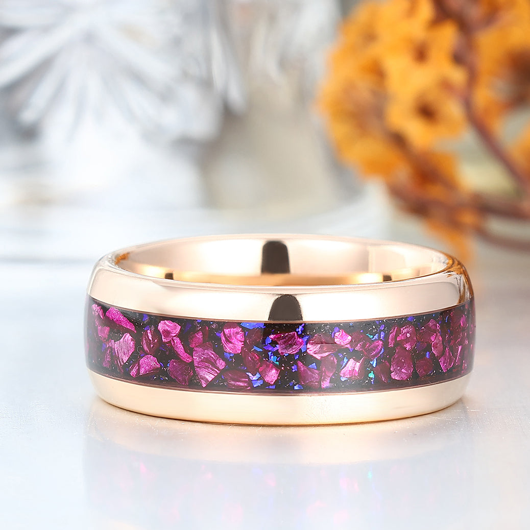 Polished Dome Amethyst Blue Sandstone Men's Ring Rose Gold Plated Tungsten Ring