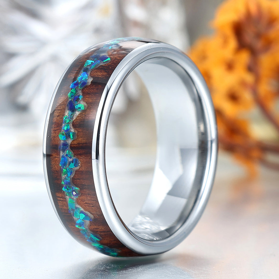 Peacock Green Opal Inlay Wood Tungsten Wedding Band Silver Plated Polished Birthday Ring