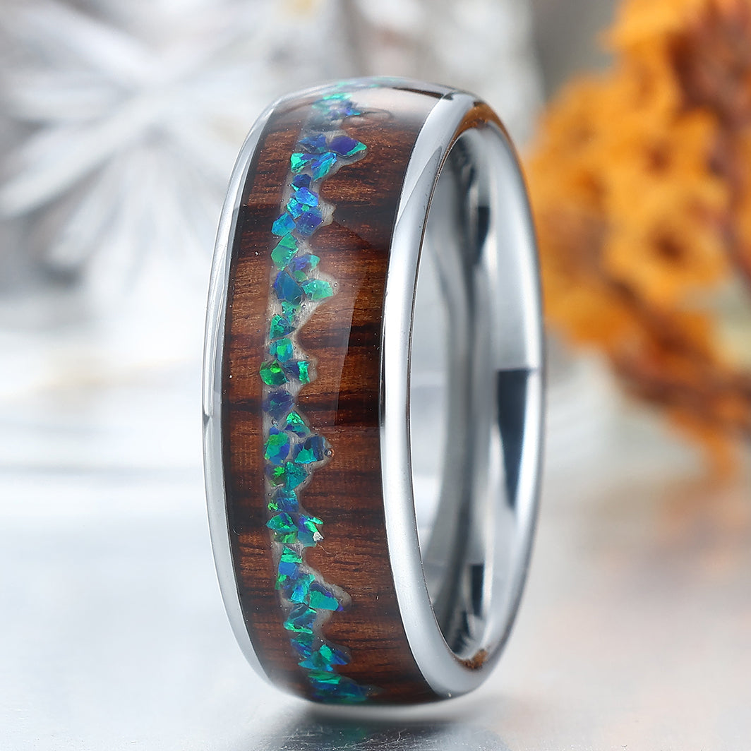 Peacock Green Opal Inlay Wood Tungsten Wedding Band Silver Plated Polished Birthday Ring