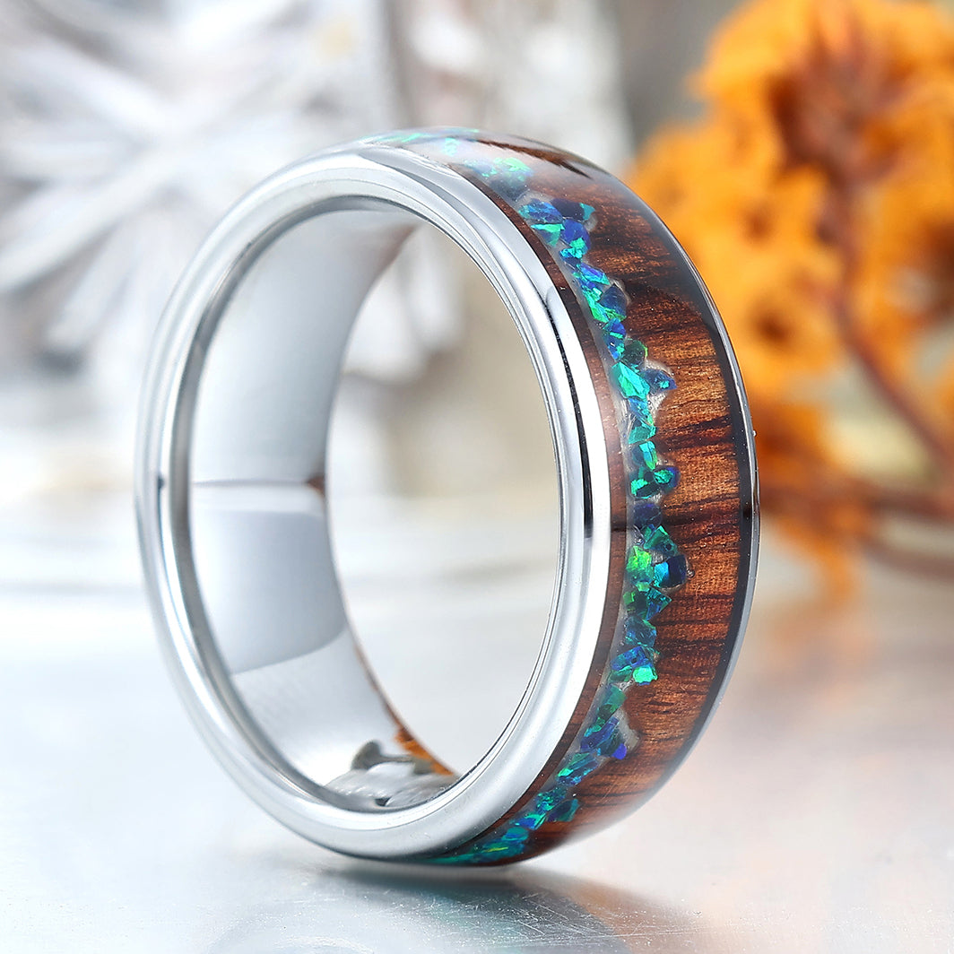 Peacock Green Opal Inlay Wood Tungsten Wedding Band Silver Plated Polished Birthday Ring