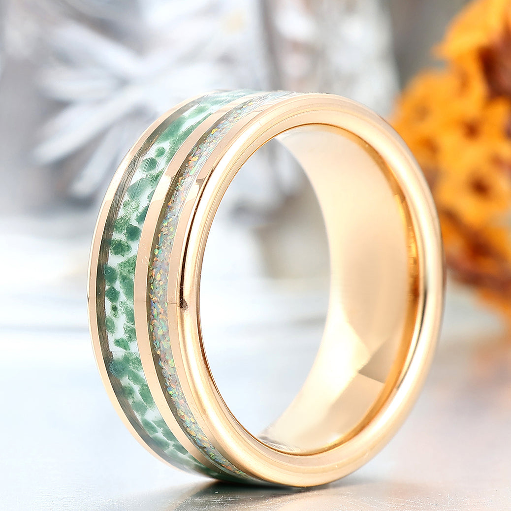 Moss Agate And Pink White Opal Inlay Tungsten Men's Ring Comfort Fit Promise Band