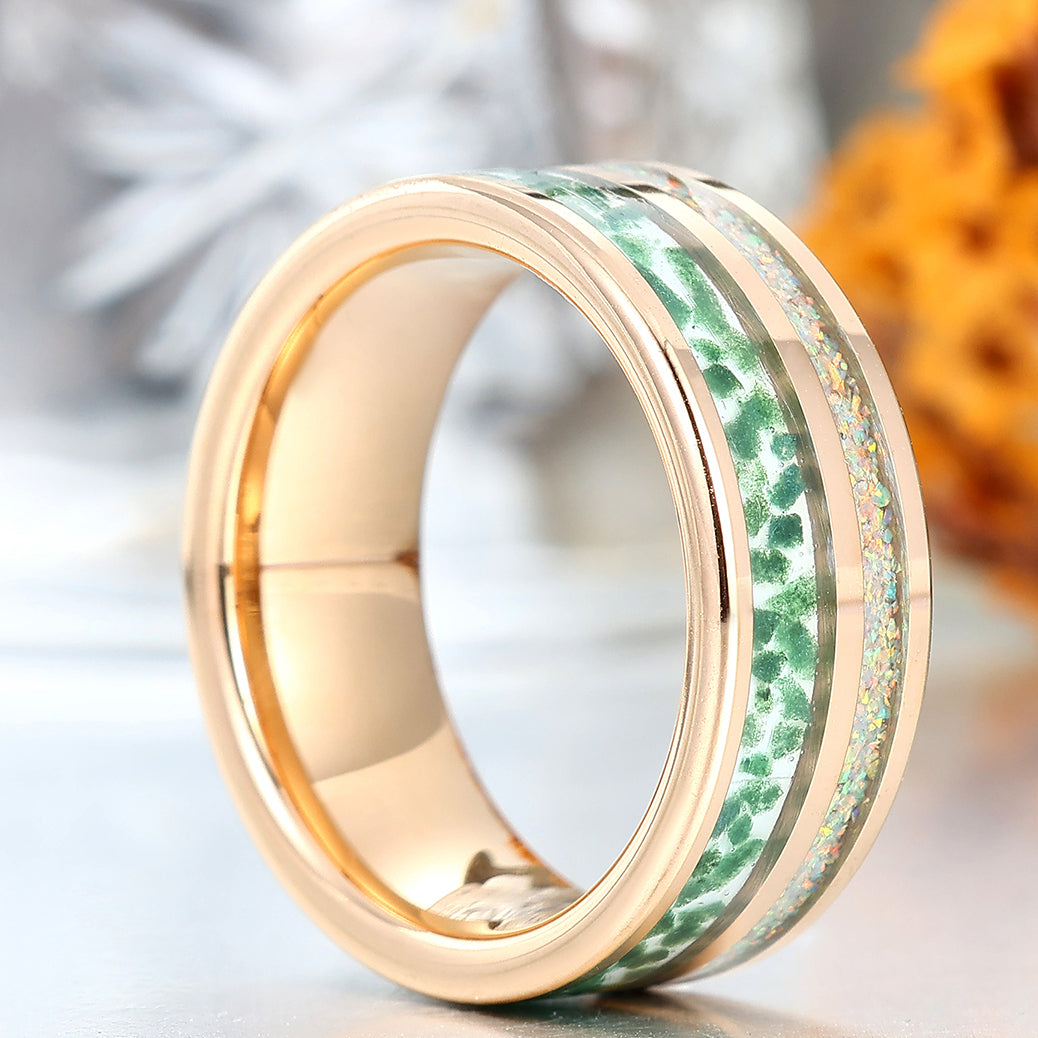 Moss Agate And Pink White Opal Inlay Tungsten Men's Ring Comfort Fit Promise Band
