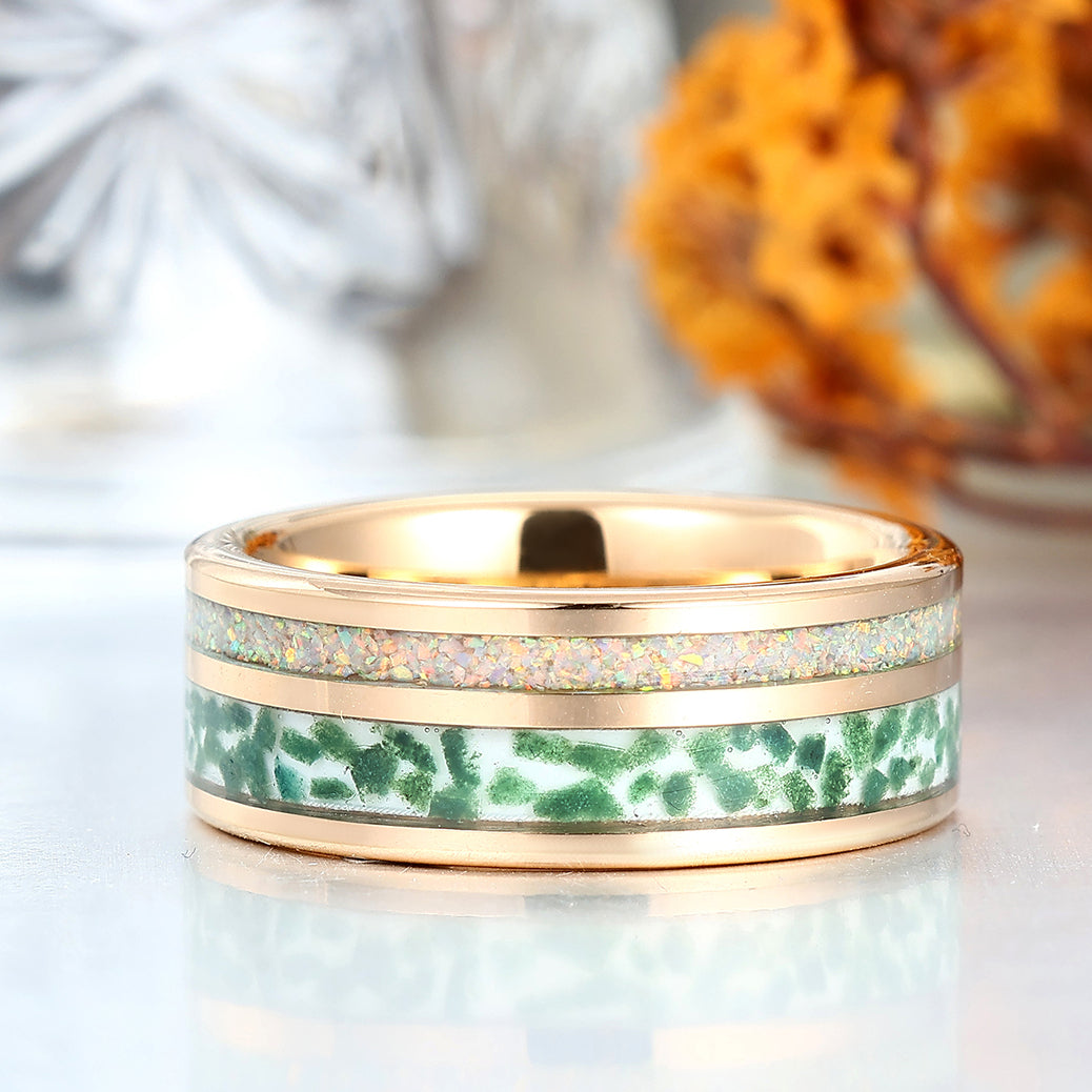 Moss Agate And Pink White Opal Inlay Tungsten Men's Ring Comfort Fit Promise Band