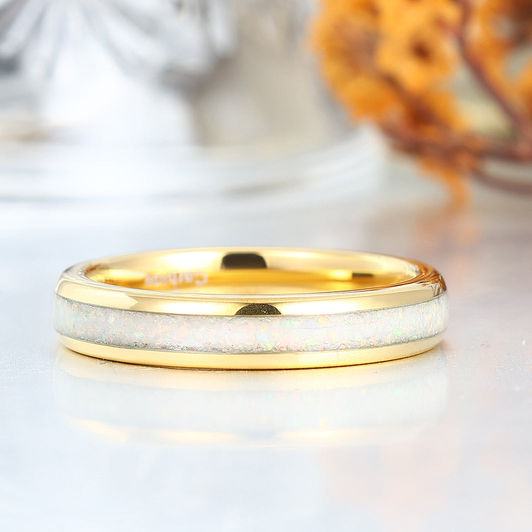 4mm Thin Band Pink White Opal Tungsten Wedding Ring Unisex Birthday Band