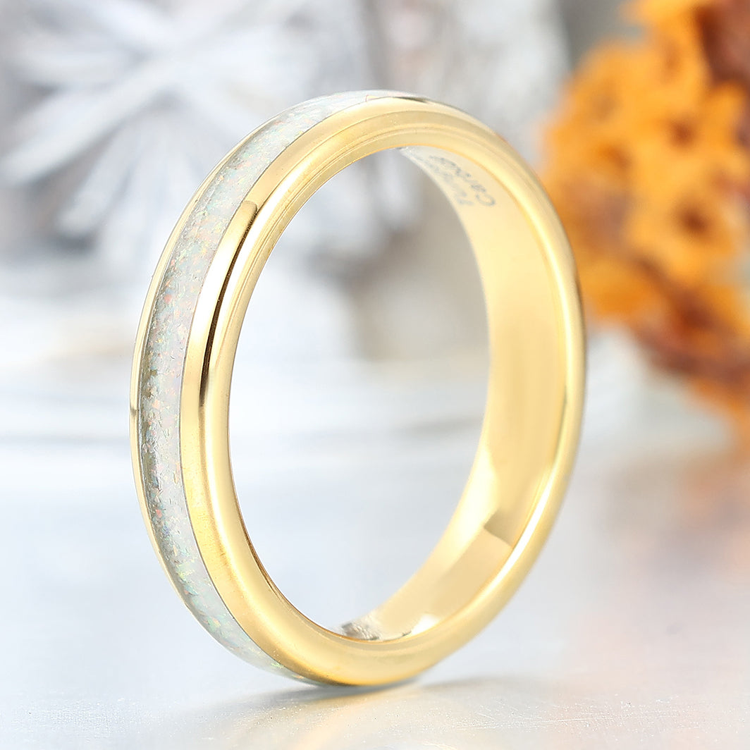 4mm Thin Band Pink White Opal Tungsten Wedding Ring Unisex Birthday Band