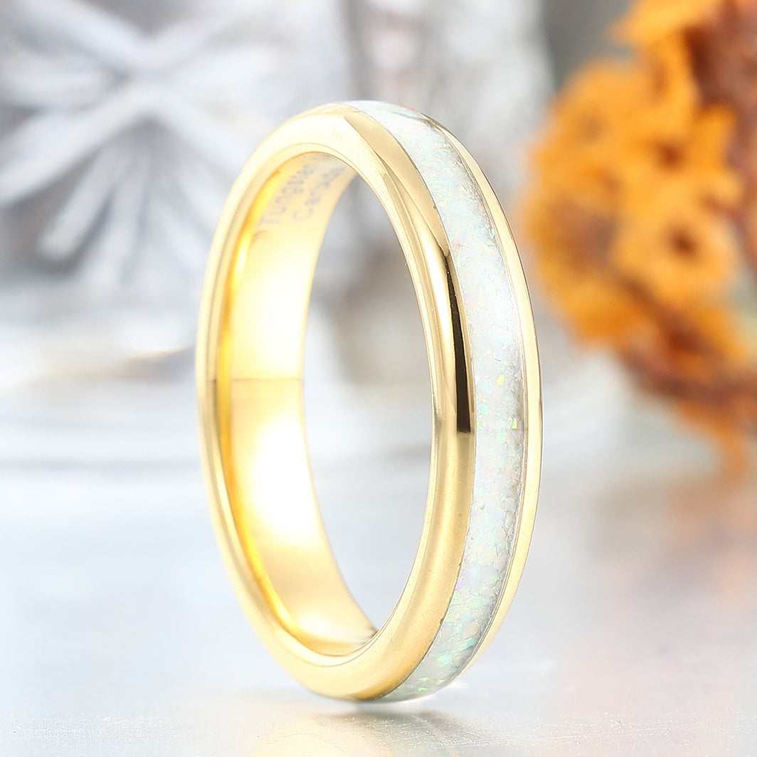 4mm Thin Band Pink White Opal Tungsten Wedding Ring Unisex Birthday Band