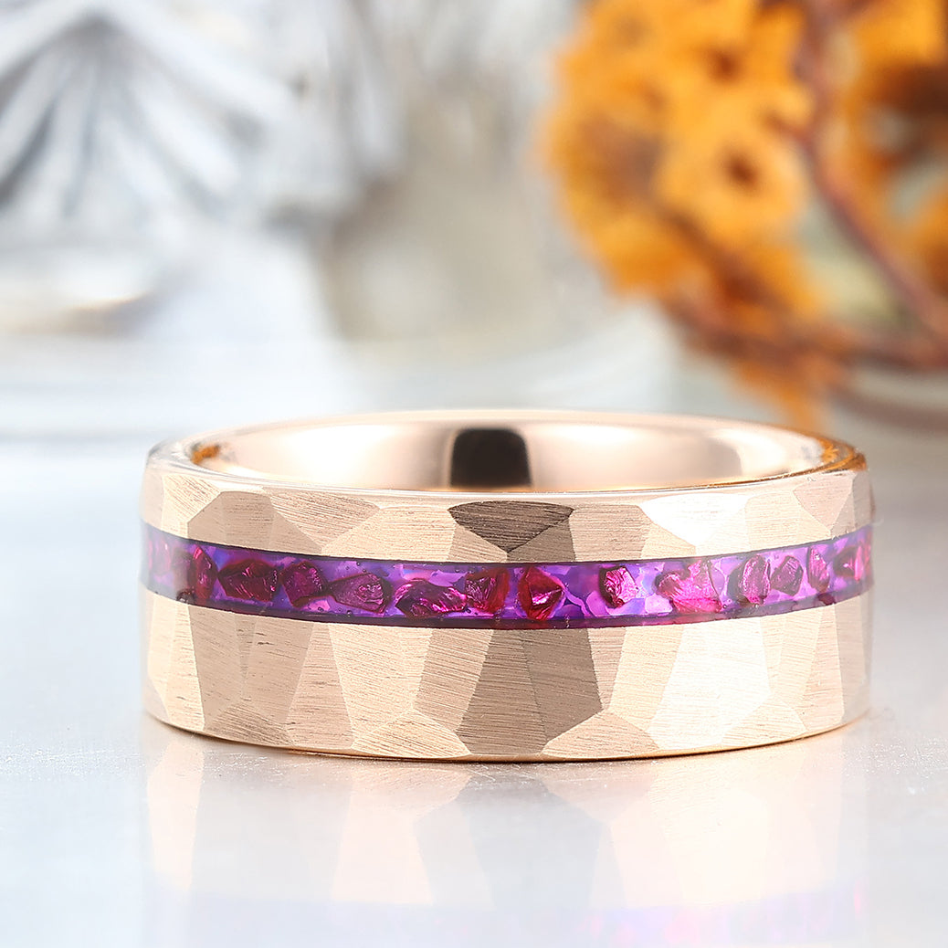 Purple Amethyst Men's Wedding Band 8mm Hammered Rose Gold Plated Tungsten Ring