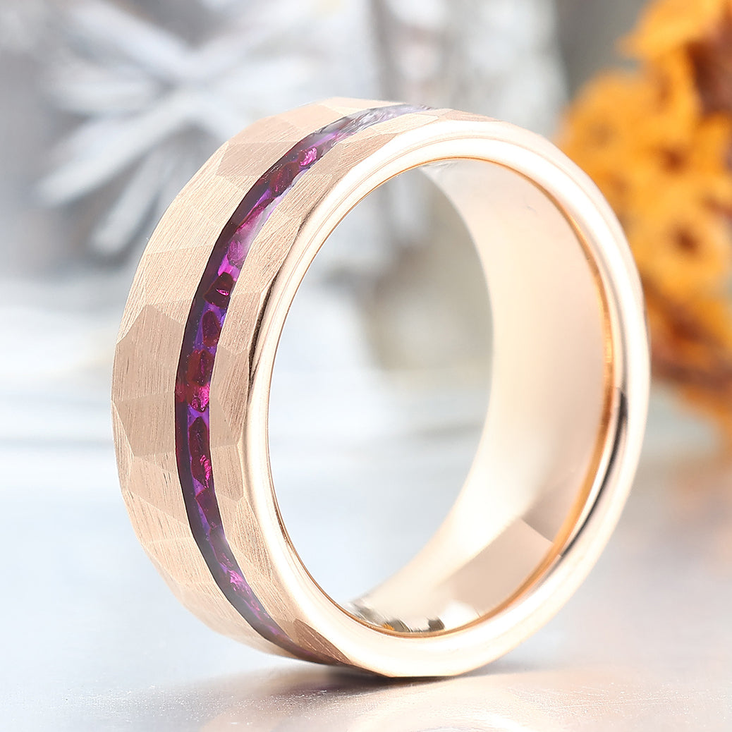 Purple Amethyst Men's Wedding Band 8mm Hammered Rose Gold Plated Tungsten Ring