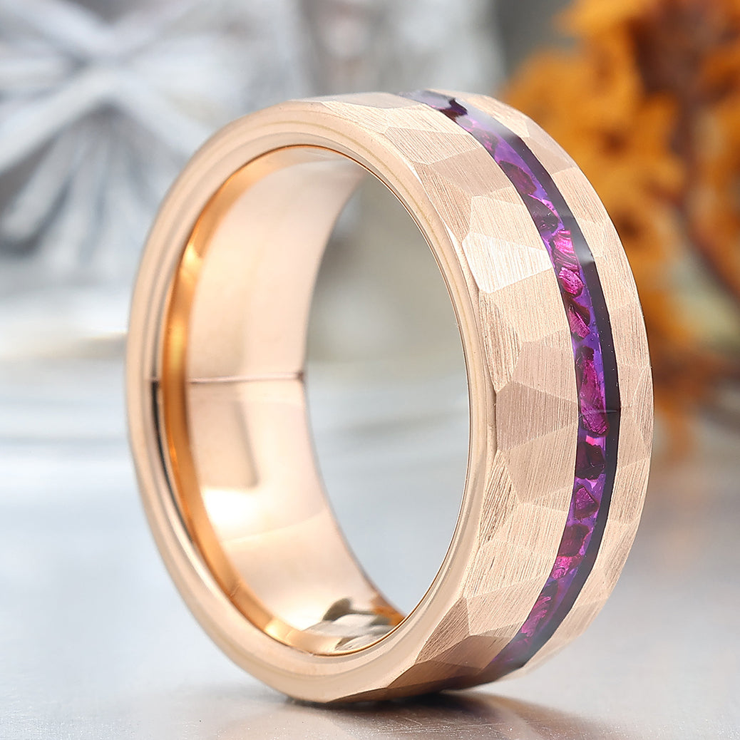 Purple Amethyst Men's Wedding Band 8mm Hammered Rose Gold Plated Tungsten Ring