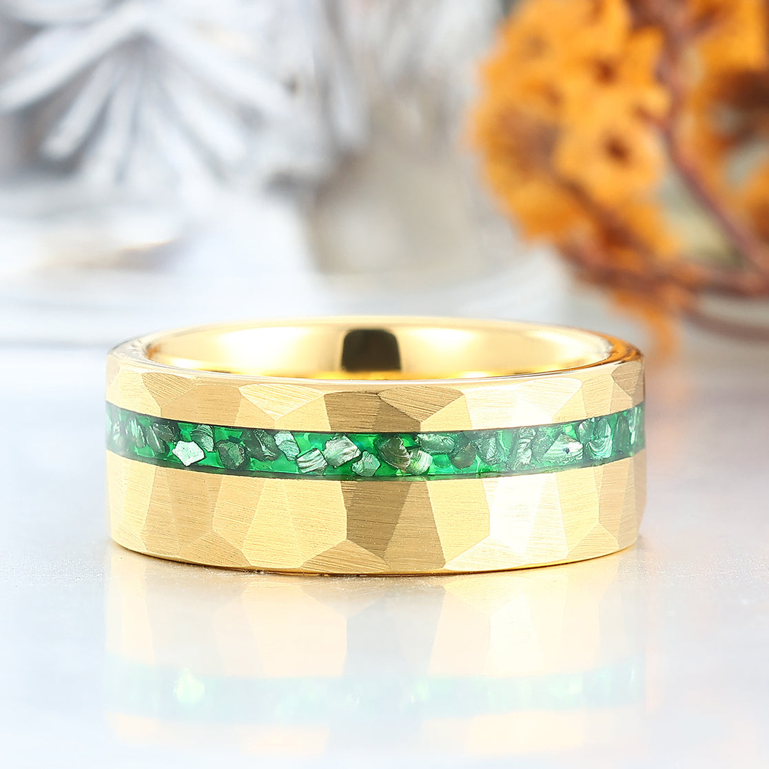 Yellow Gold Plated Emerald Inlay 8mm Wide Tungsten Ring For Men and Women