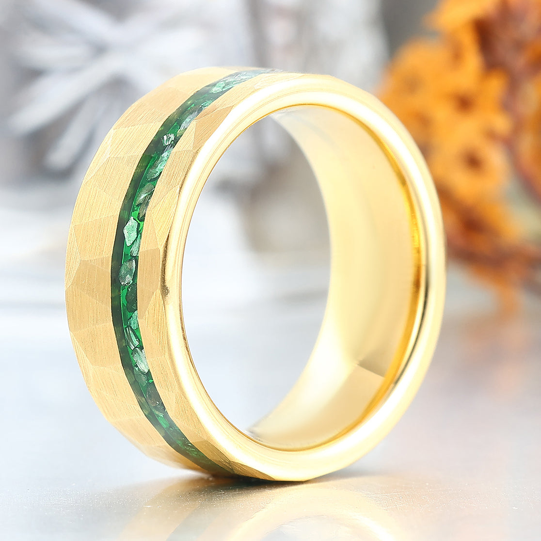 Yellow Gold Plated Emerald Inlay 8mm Wide Tungsten Ring For Men and Women