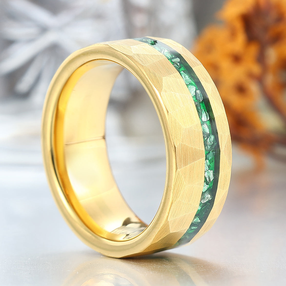 Yellow Gold Plated Emerald Inlay 8mm Wide Tungsten Ring For Men and Women