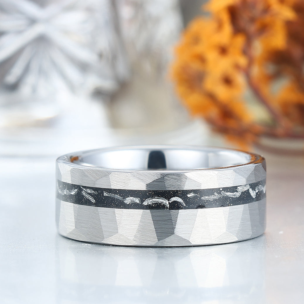 Crushed Meteorite Men's Wedding Band Silver Hammered Tungsten Promise Unisex Ring