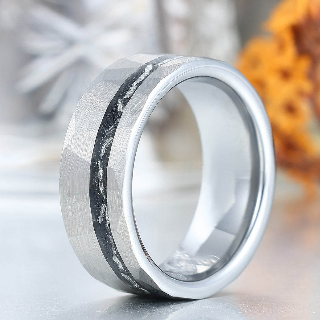 Crushed Meteorite Men's Wedding Band Silver Hammered Tungsten Promise Unisex Ring