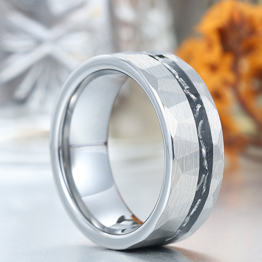 Crushed Meteorite Men's Wedding Band Silver Hammered Tungsten Promise Unisex Ring