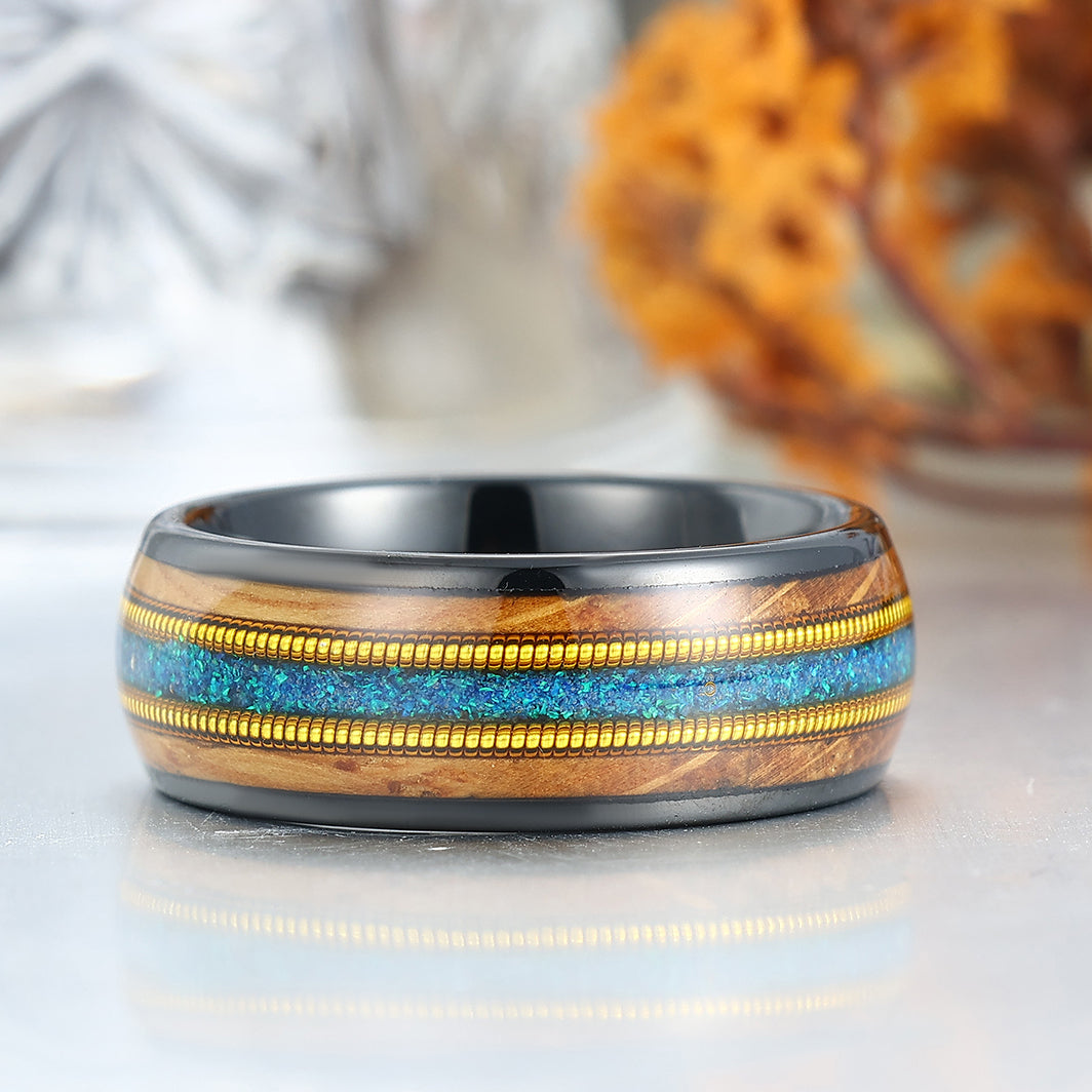 Blue Opal Double Barrel Wood Guitar String Inlay Men's Tungsten Ring Unisex Wedding Band