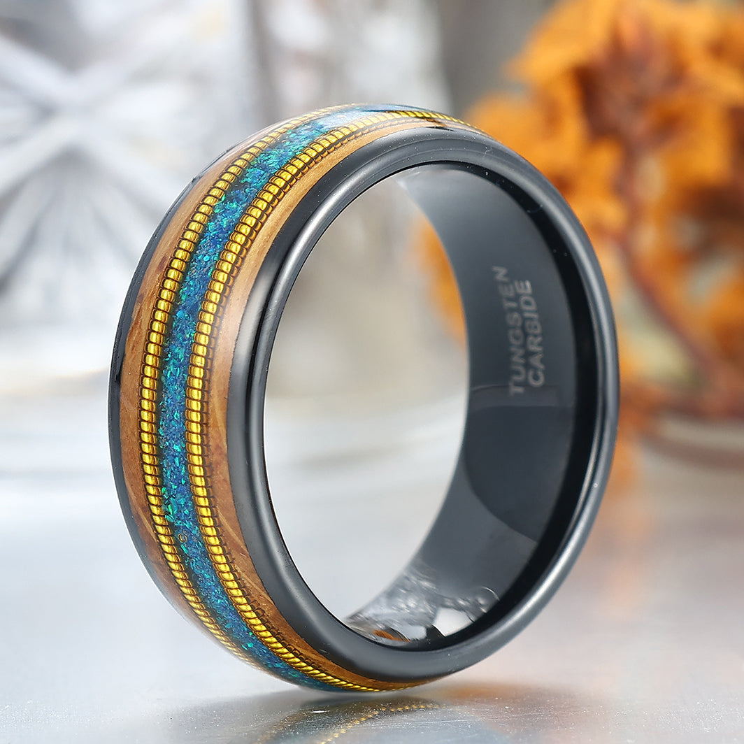 Blue Opal Double Barrel Wood Guitar String Inlay Men's Tungsten Ring Unisex Wedding Band